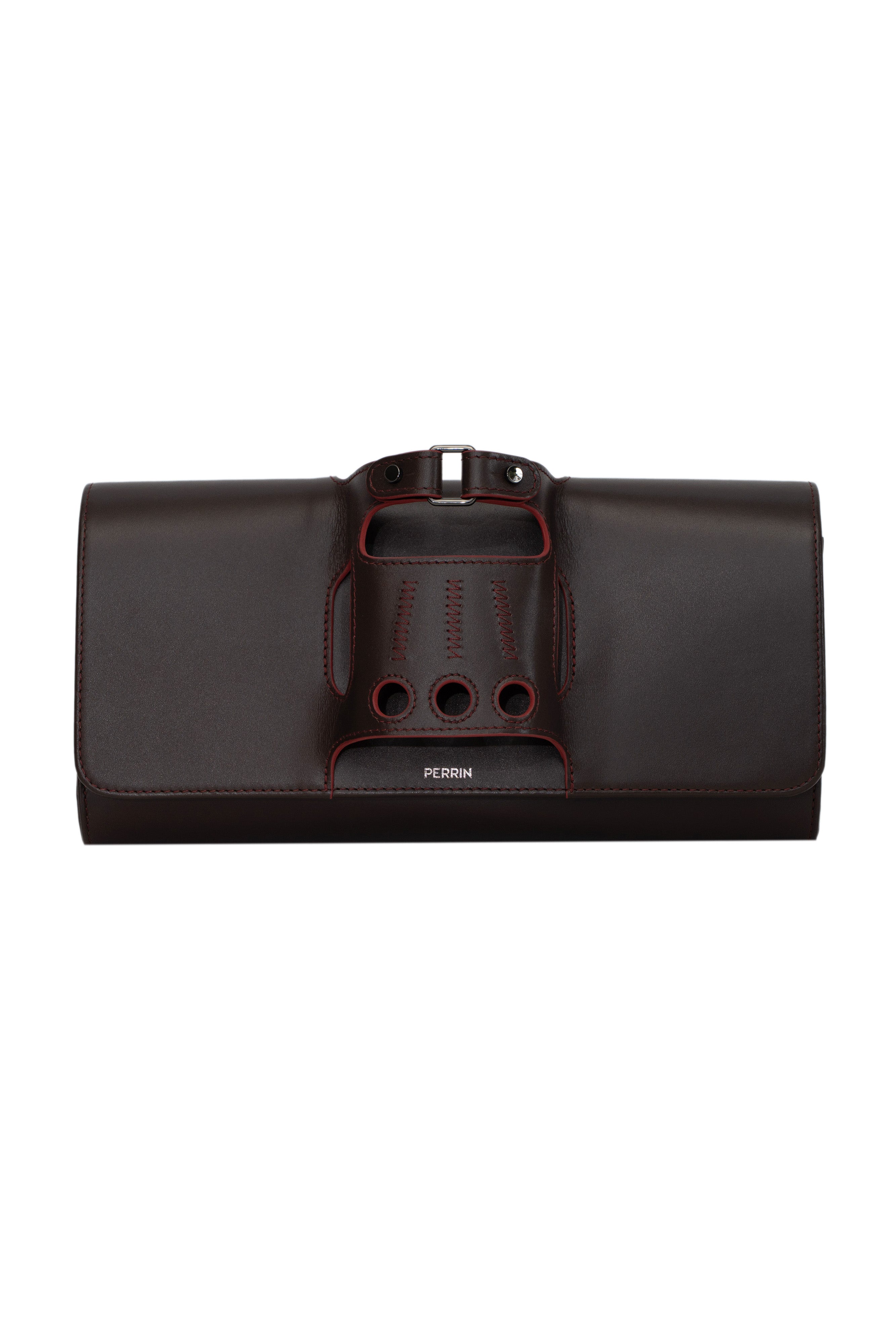 LE CABRIOLET LEATHER GLOVE CLUTCH IN TABACCO WITH CHERRY COLA