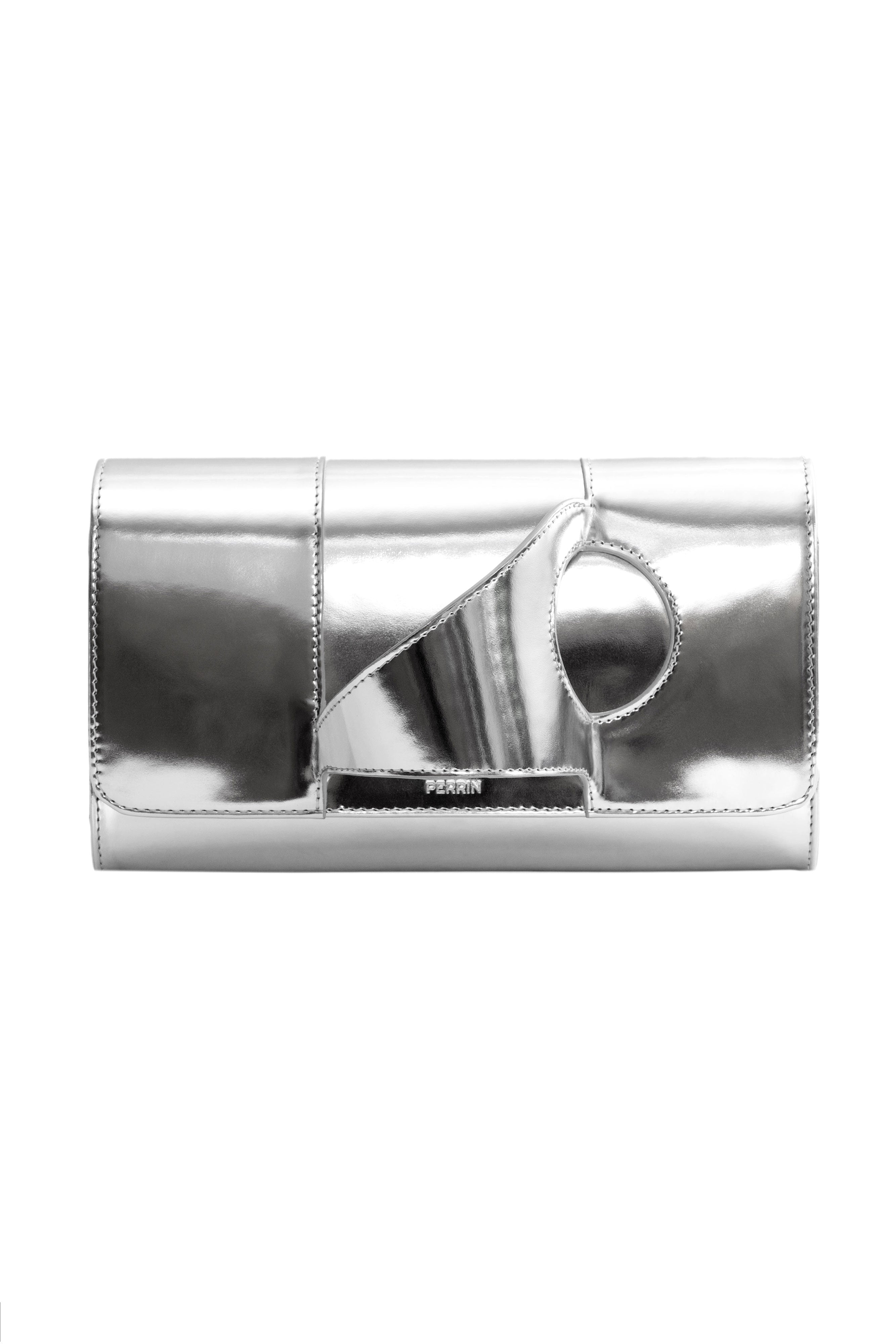 L'ASYMETRIQUE LEATHER GLOVE CLUTCH IN SILVER PATENT – PERRIN PARIS