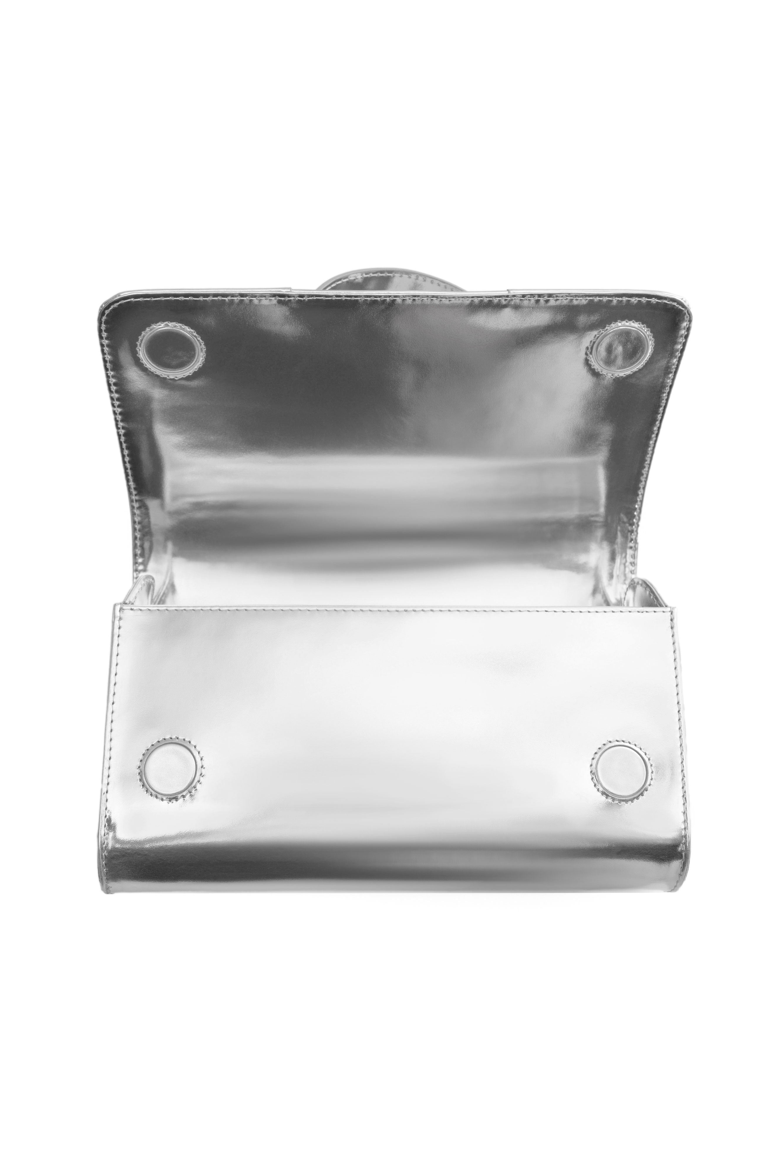 L'ASYMETRIQUE LEATHER GLOVE CLUTCH IN SILVER PATENT – PERRIN PARIS