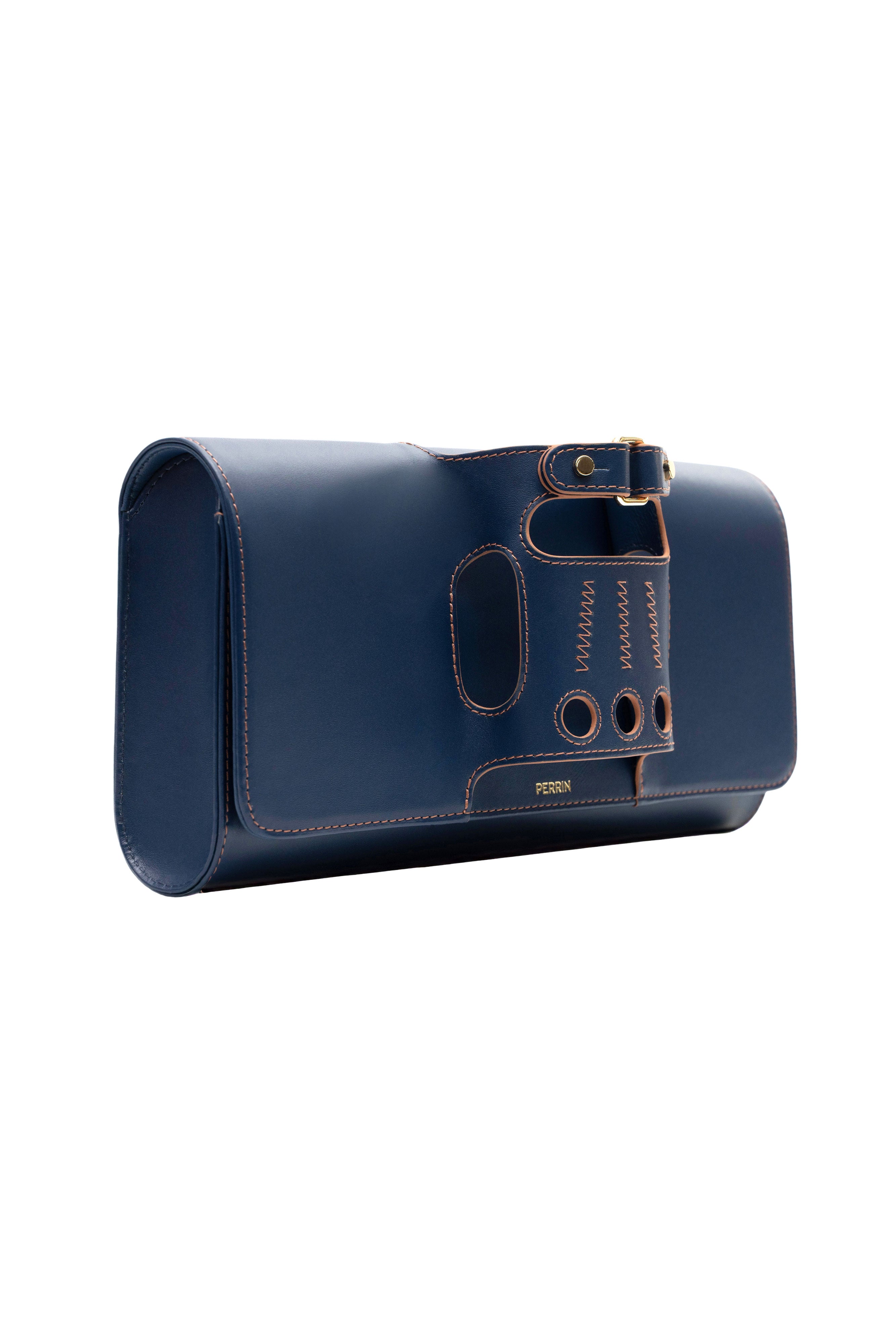 LE CABRIOLET LEATHER GLOVE CLUTCH IN NAVY WITH AUBURN – PERRIN PARIS