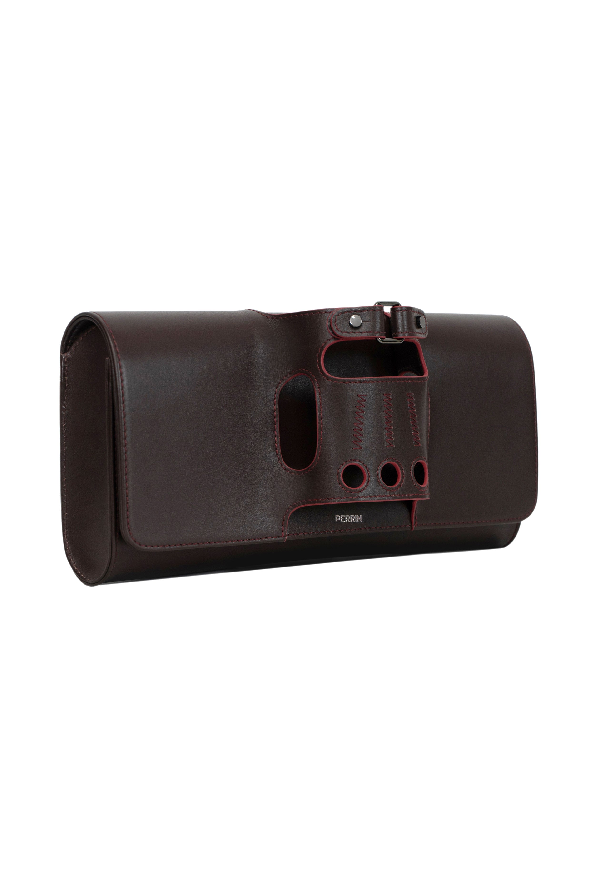 LE CABRIOLET LEATHER GLOVE CLUTCH IN TABACCO WITH CHERRY COLA