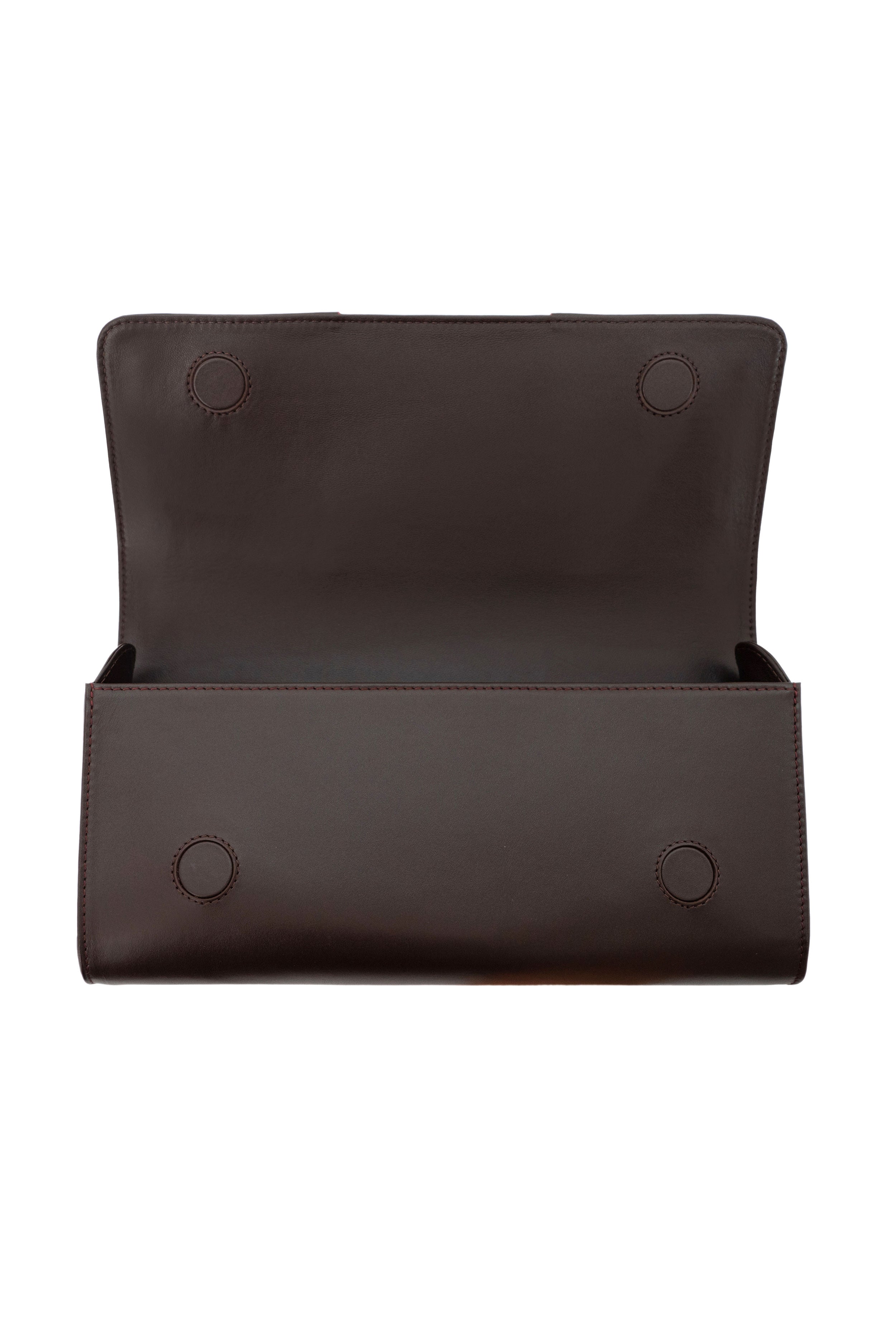 LE CABRIOLET LEATHER GLOVE CLUTCH IN TABACCO WITH CHERRY COLA