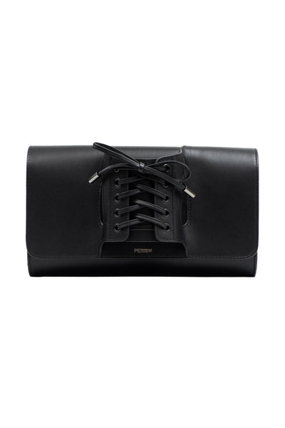 LA CORSETTE LEATHER GLOVE CLUTCH IN BLACK WITH RUTHENIUM – PERRIN