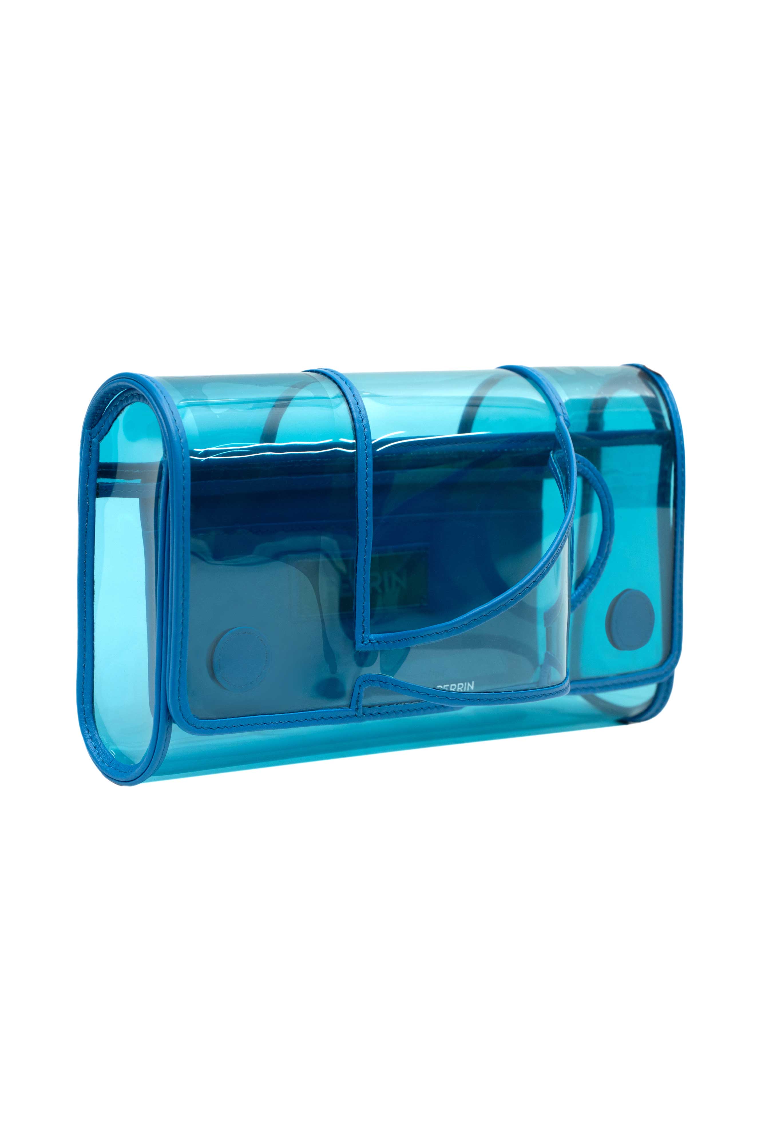 L'ASYMETRIQUE VINYL GLOVE CLUTCH IN AZURE – PERRIN PARIS