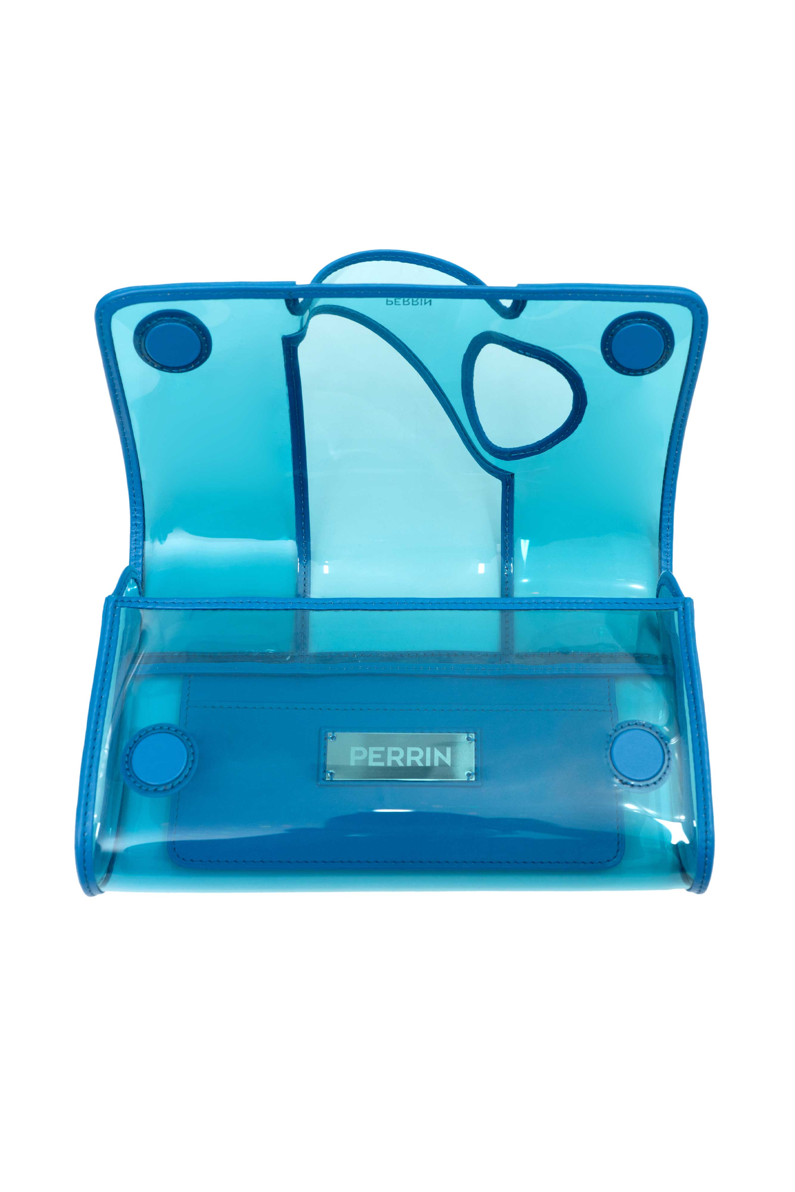 L'ASYMETRIQUE VINYL GLOVE CLUTCH IN AZURE – PERRIN PARIS