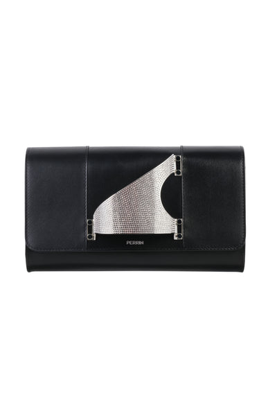 L'EIFFEL STRASS LEATHER GLOVE CLUTCH IN BLACK WITH CLEAR STRASS