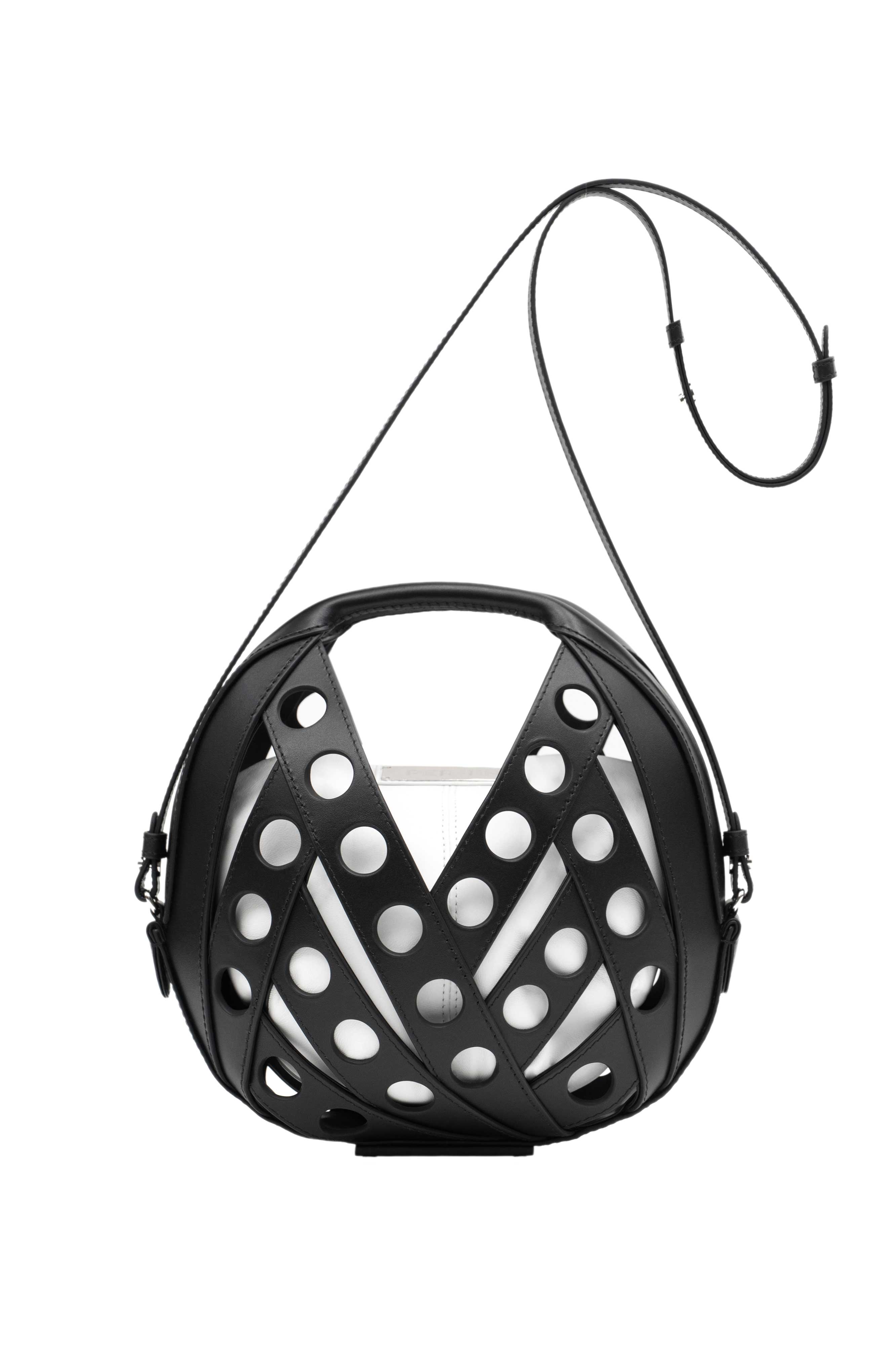 LE PETIT PANIER LEATHER CROSSBODY HANDBAG IN BLACK WITH WHITE
